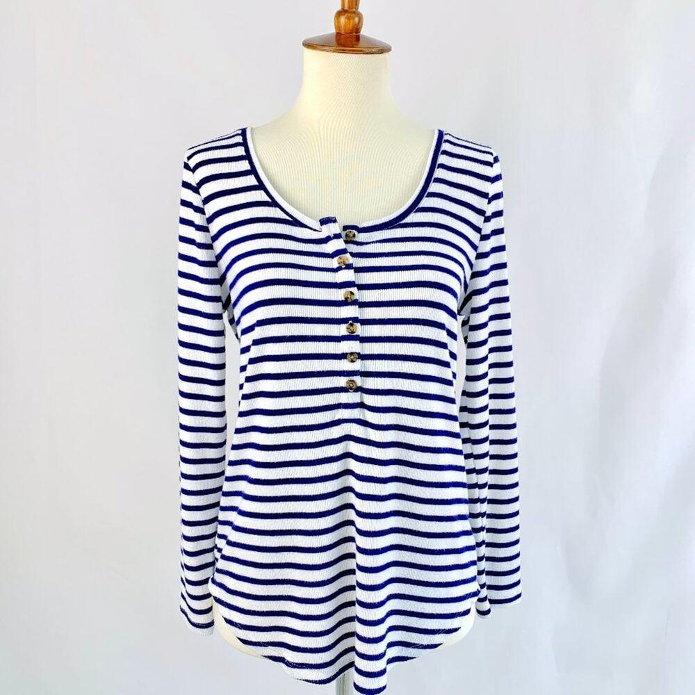 Old Navy Blue & White Striped Rib Knit Long Sleeve Henley Women’s Size Medium